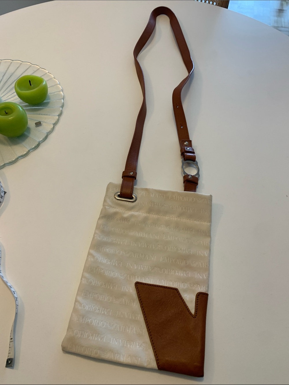 Emporio Armani Cream Crossbody with Brown Trim and Long Strap